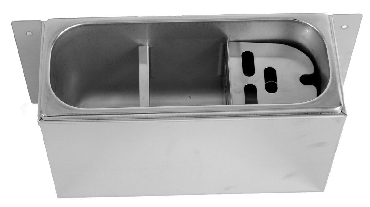 SPÜLBECKE FÜR EISLÖFFEL 330X120X150
MIT WASSERABLAUFLOCH, WASSERANSCHLUSS UND ÜBERLAUFROHR