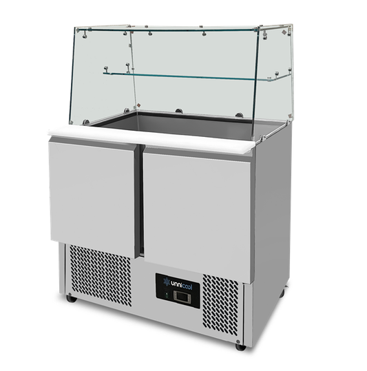 Saladette Met Glazen Opbouw | 2 Deuren | Statische Koeling | 90 × 70 × 85 (H) cm