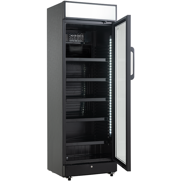 KÜHLSCHRANK 1 GLASTÜR SCHWARZ MIT CANOPY SVE-450 BLC