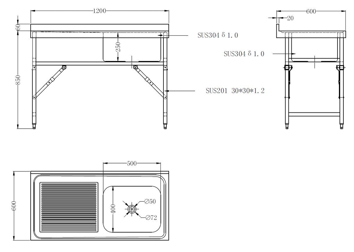600 ZUSAMMENKLAPPBARE SPÜLTISCH 1200 1R