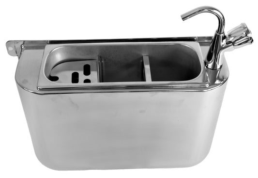 SPÜLBECKE FÜR EISLÖFFEL MIT WASSERHAHN 410X120X270
MIT WASSERABLAUFLOCH, WASSERANSCHLUSS UND ÜBERLAUFROHR
