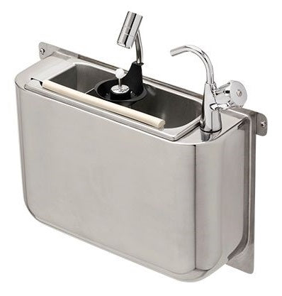 SPÜLBECKE FÜR EISLÖFFEL MIT WASSERHAHN UND EISLÖFFELDUSCHE 410X120X270
MIT WASSERABLAUFLOCH, WASSERANSCHLUSS UND ÜBERLAUFROHR