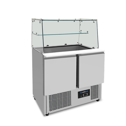 Saladette Met Glazen Opbouw | 2 Deuren | Statische Koeling | 90 × 70 × 85 (H) cm