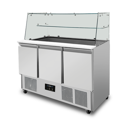 Saladette Met Glazen Opbouw | 3 Deuren | Statische Koeling | 137 × 70 × 85 (H) cm