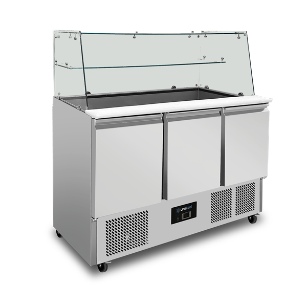 Saladette Met Glazen Opbouw | 3 Deuren | Statische Koeling | 137 × 70 × 85 (H) cm