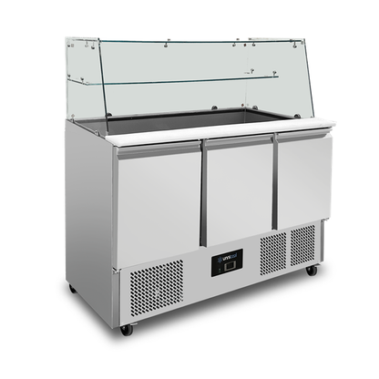 Saladette Met Glazen Opbouw | 3 Deuren | Statische Koeling | 137 × 70 × 85 (H) cm