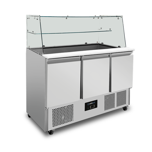 Saladette Met Glazen Opbouw | 3 Deuren | Statische Koeling | 137 × 70 × 85 (H) cm