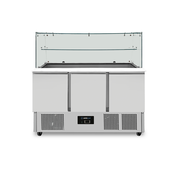 Saladette Met Glazen Opbouw | 3 Deuren | Statische Koeling | 137 × 70 × 85 (H) cm