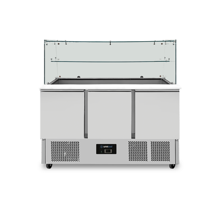 Saladette Met Glazen Opbouw | 3 Deuren | Statische Koeling | 137 × 70 × 85 (H) cm