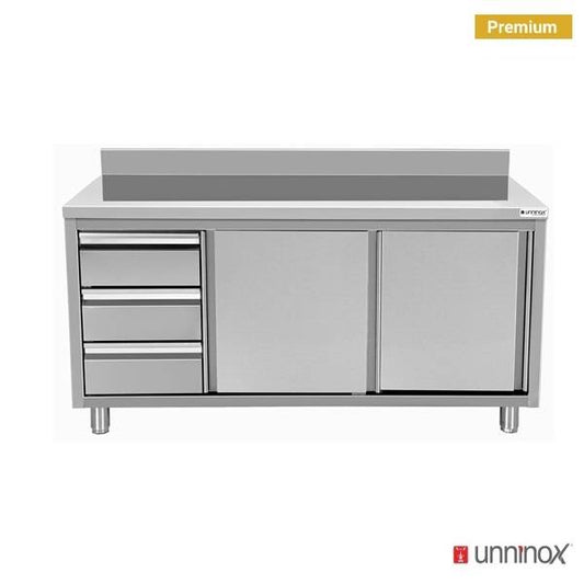 Work cabinet with upstand + 3 drawers left