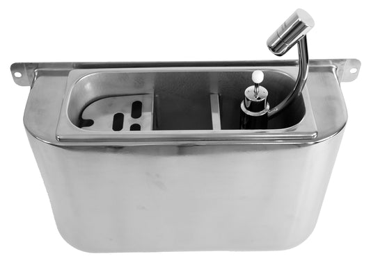 SPÜLBECKE FÜR EISLÖFFEL MIT EISLÖFFELDUSCHE 410X120X270
MIT WASSERABLAUFLOCH, WASSERANSCHLUSS UND ÜBERLAUFROHR