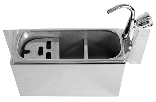 SPÜLBECKE FÜR EISLÖFFEL MIT WASSERHAHN 380X120X150
MIT WASSERABLAUFLOCH, WASSERANSCHLUSS UND ÜBERLAUFROHR