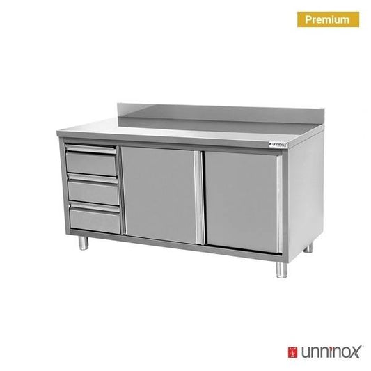 Work cabinet with upstand + 3 drawers left